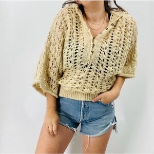 Free People cream Knit Short Sleeve Hooded Sweater